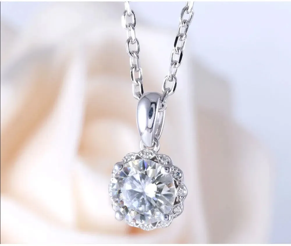 14k White Gold Moissanite Necklace / Pendant 1ct Center Stone