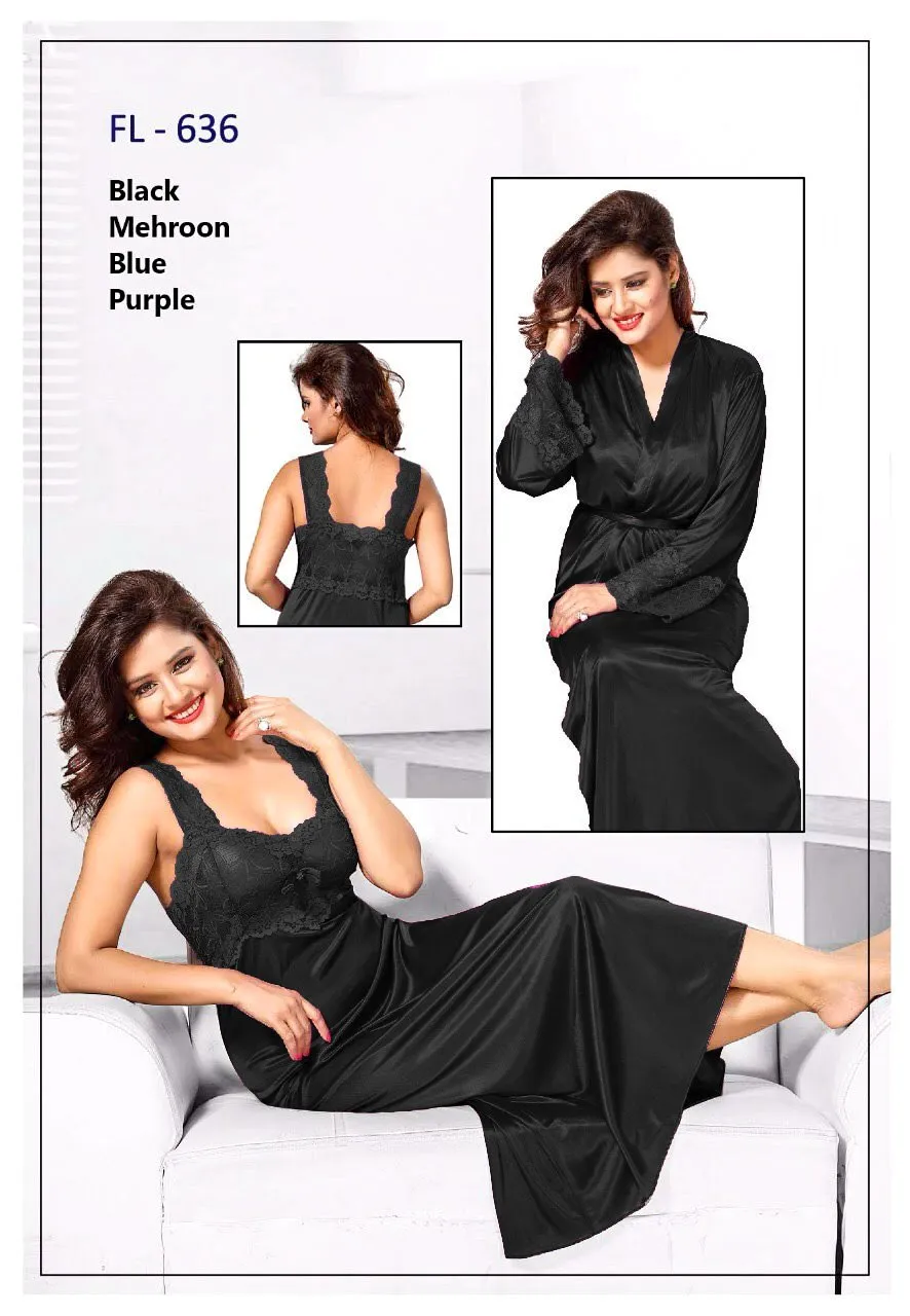 2 Pcs FL-636 - Black Flourish Exclusive Bridal Nighty Set Collection