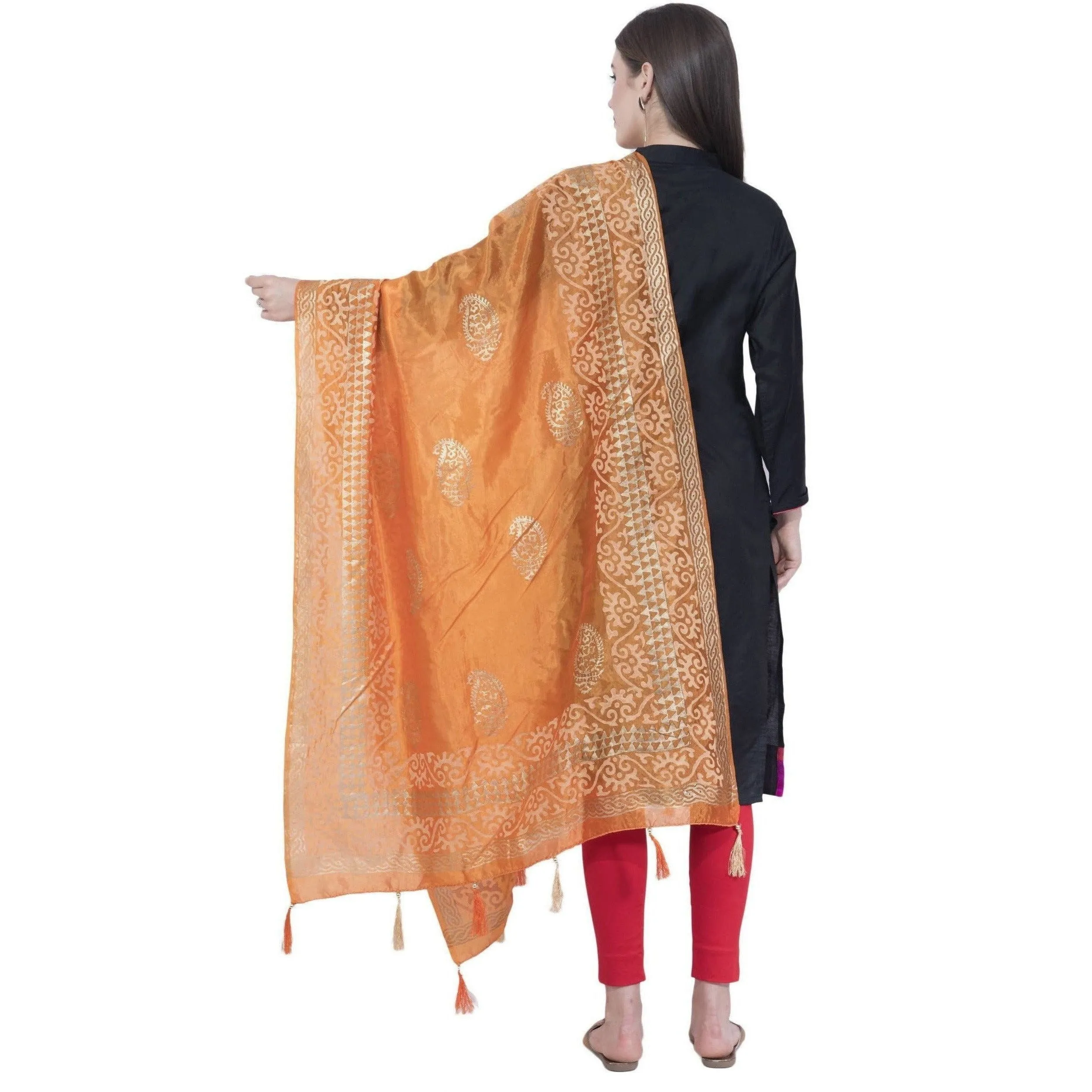 A R Silk Orange Color Silk Pahadi Print Dupattas and Chunnis