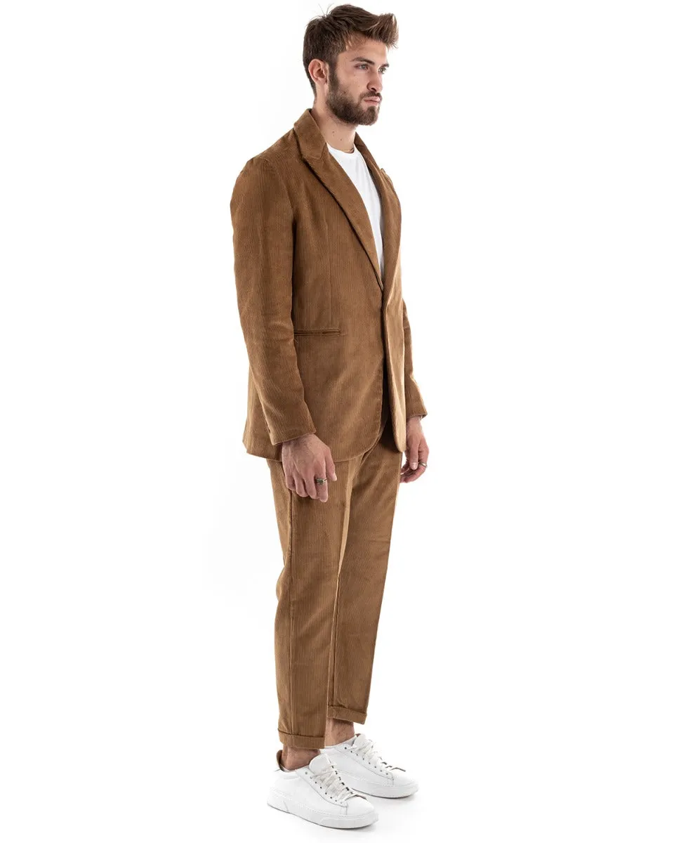 Abito Uomo Monopetto Vestito Velluto Completo Giacca Pantaloni Camel Elegante Cerimonia GIOSAL-OU2188A