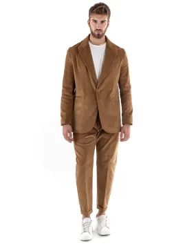 Abito Uomo Monopetto Vestito Velluto Completo Giacca Pantaloni Camel Elegante Cerimonia GIOSAL-OU2188A