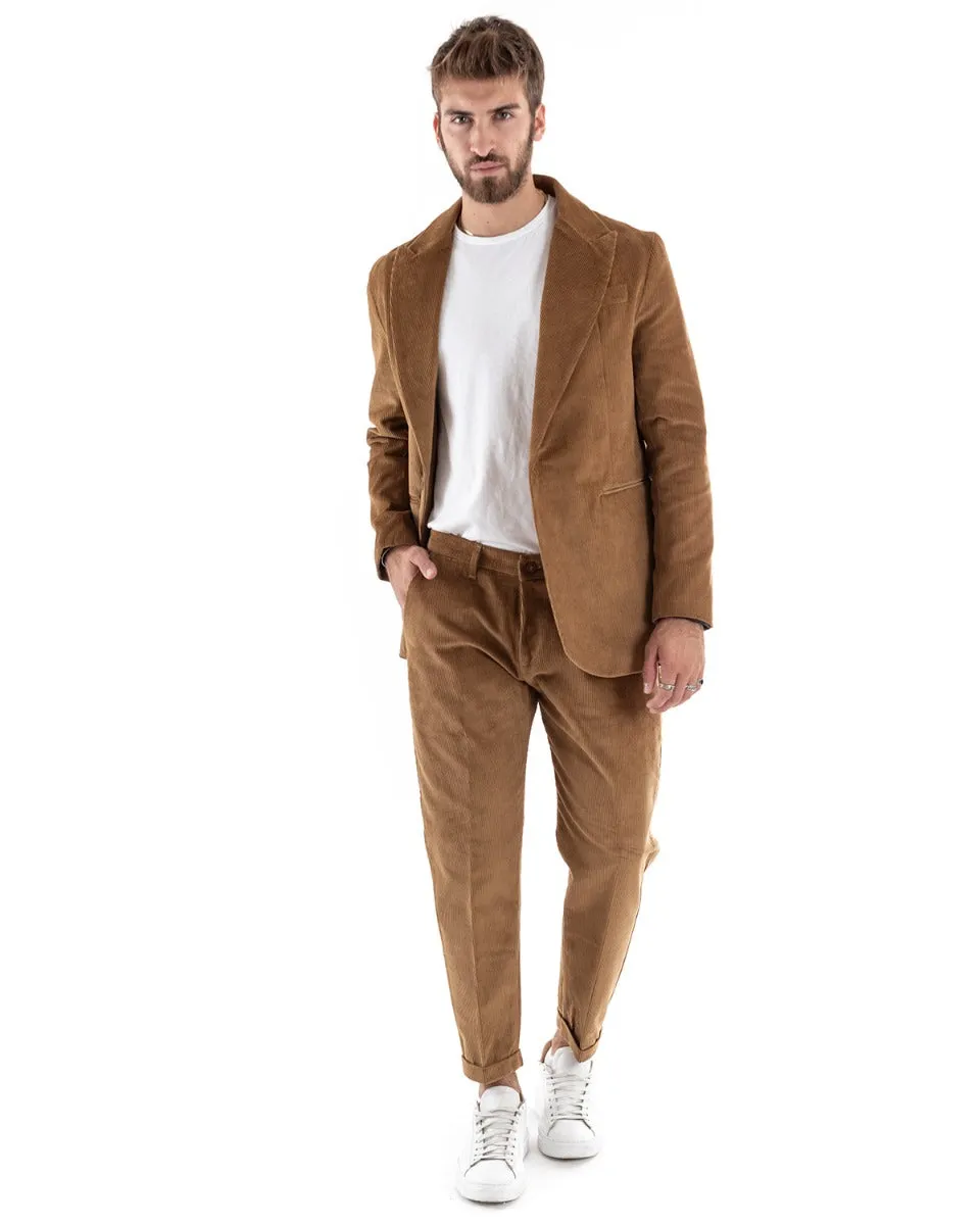 Abito Uomo Monopetto Vestito Velluto Completo Giacca Pantaloni Camel Elegante Cerimonia GIOSAL-OU2188A