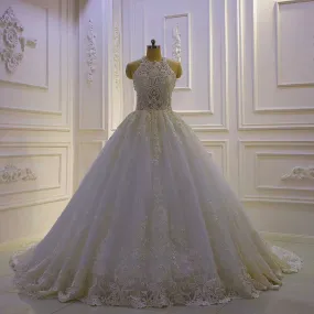 AM1091 Halter Appliqued A-Line Lace Pearls Handmade Luxury Wedding Dress