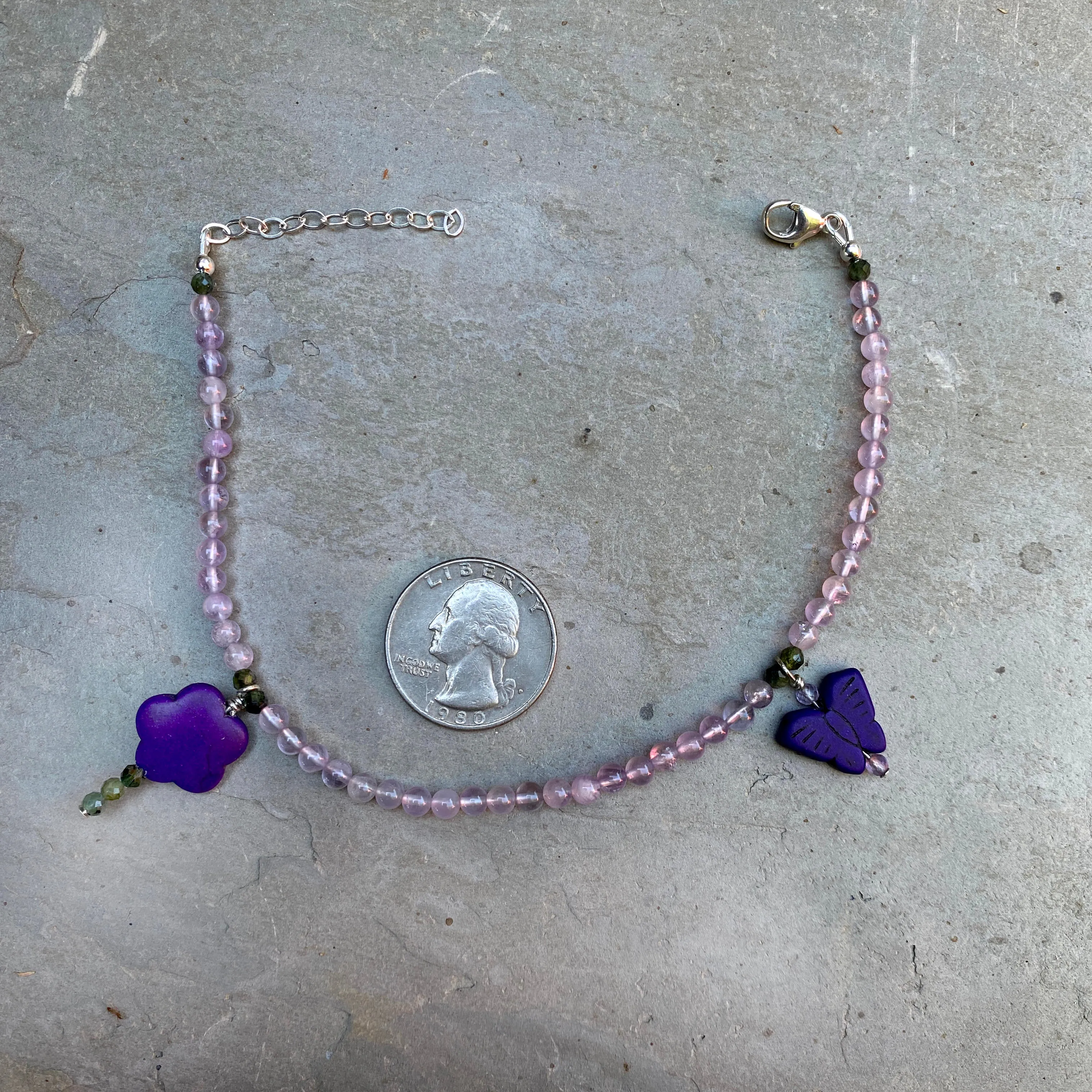 Amethyst gemstones, Green Tourmaline, and Howlite, Sterling Silver Anklet