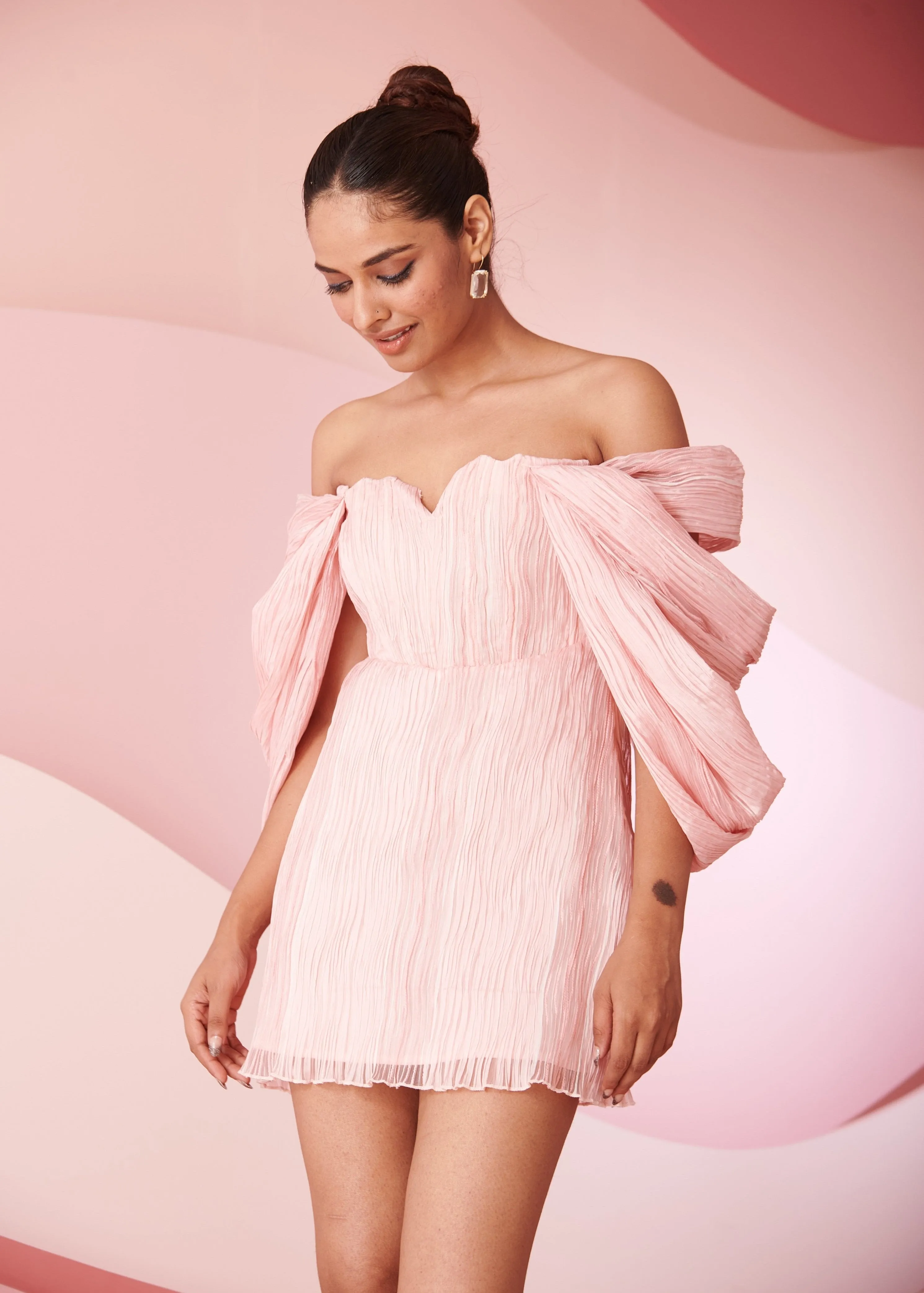 Amora Baby Pink Pleated Mini Dress