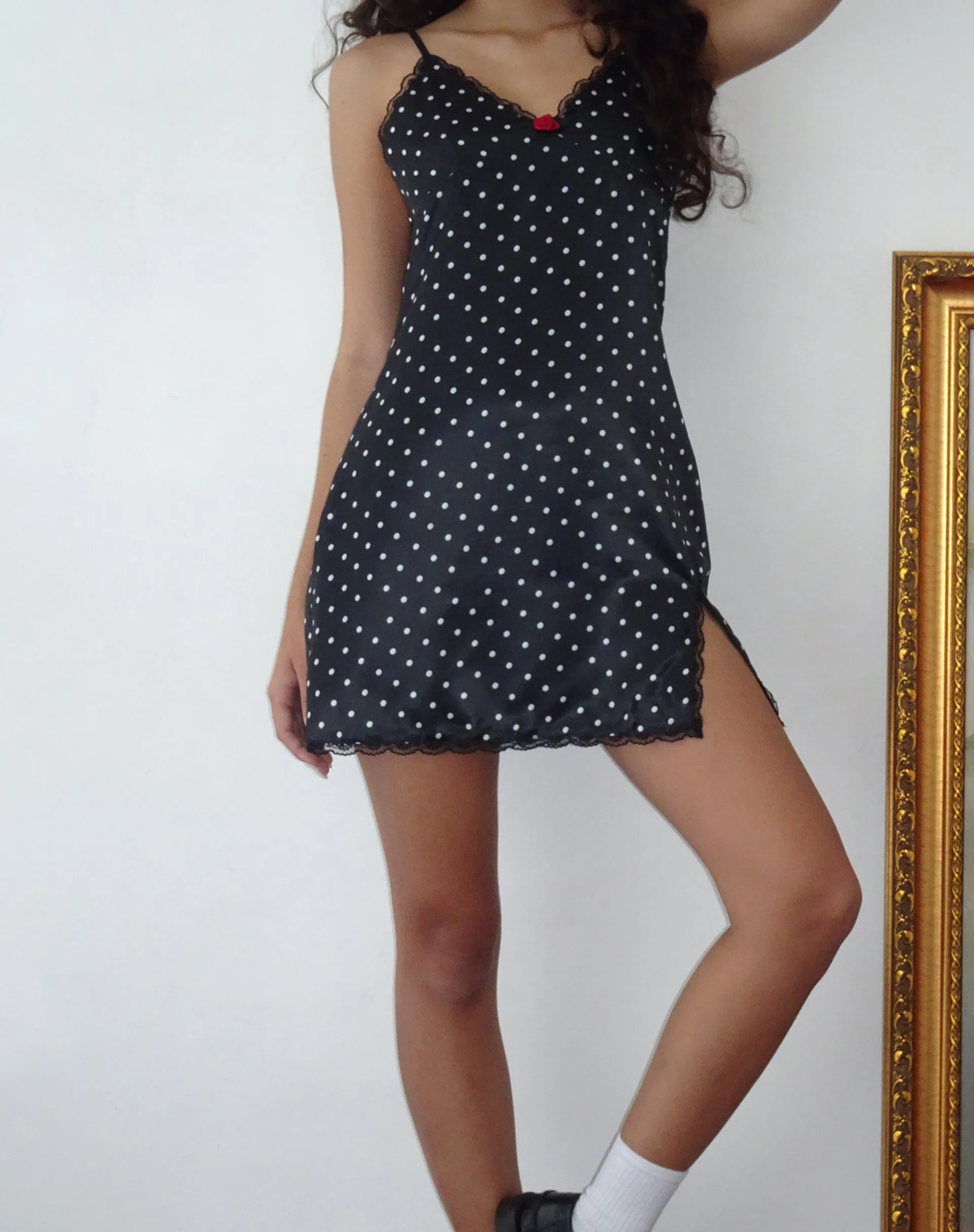 Astrid Satin Mini Dress in Polka Dot Black