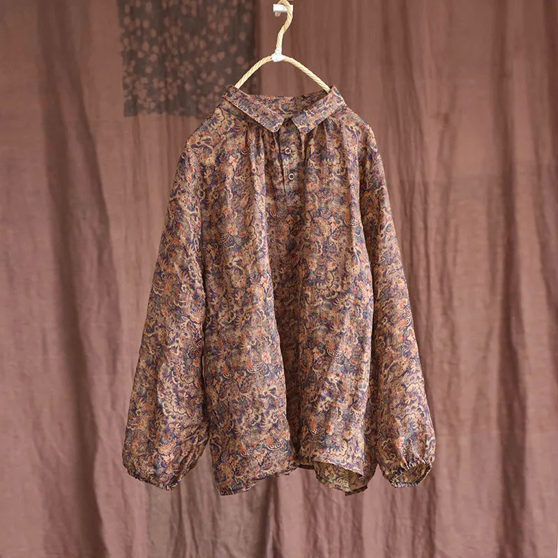 Autumn Retro FLoral Linen Loose Polo Blouse