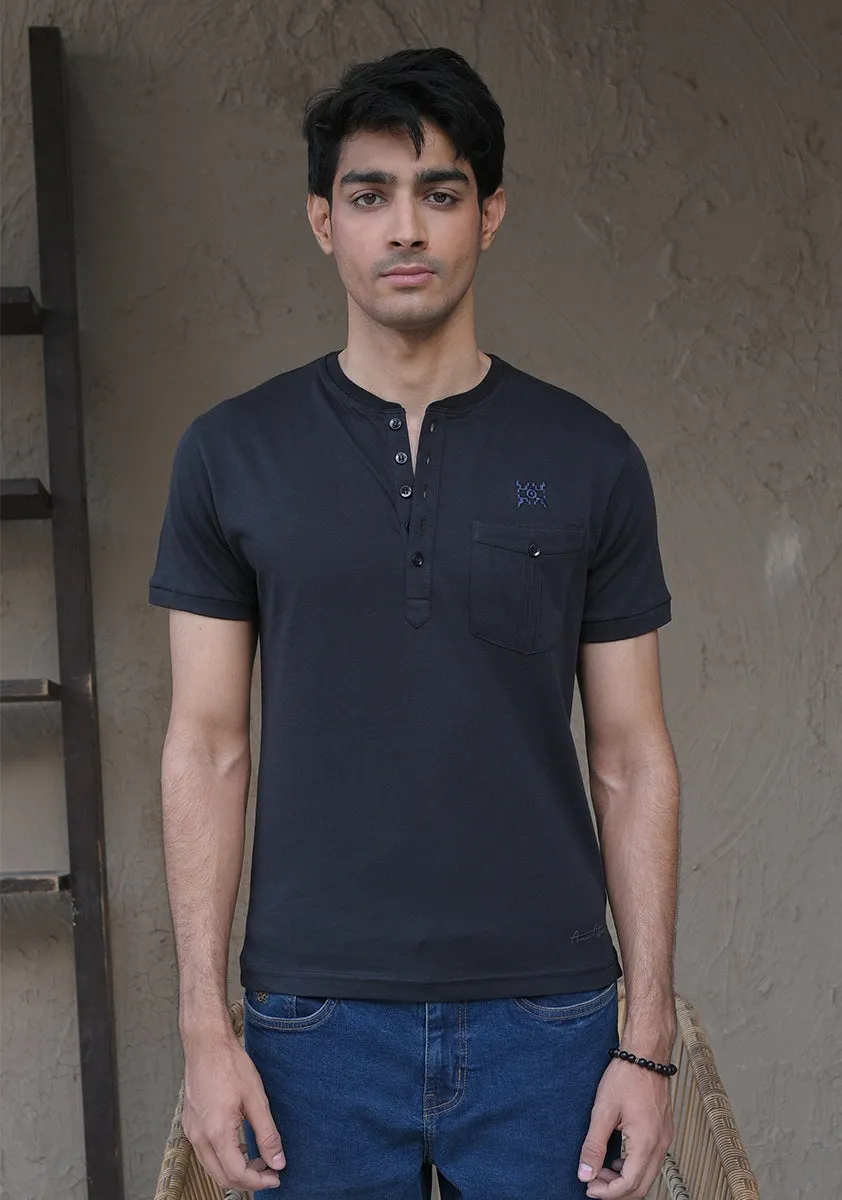 Basic Jersey Henley Pocket Black T-Shirt