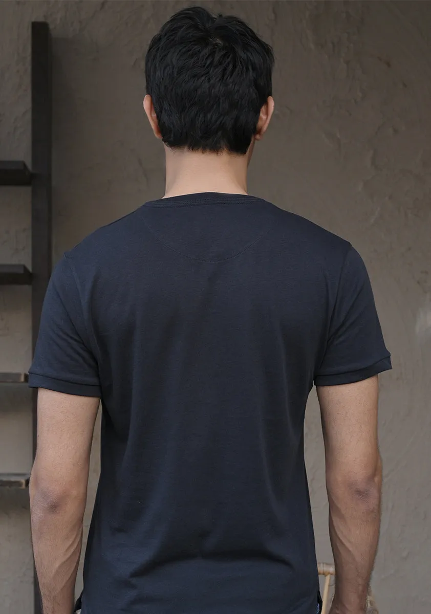 Basic Jersey Henley Pocket Black T-Shirt