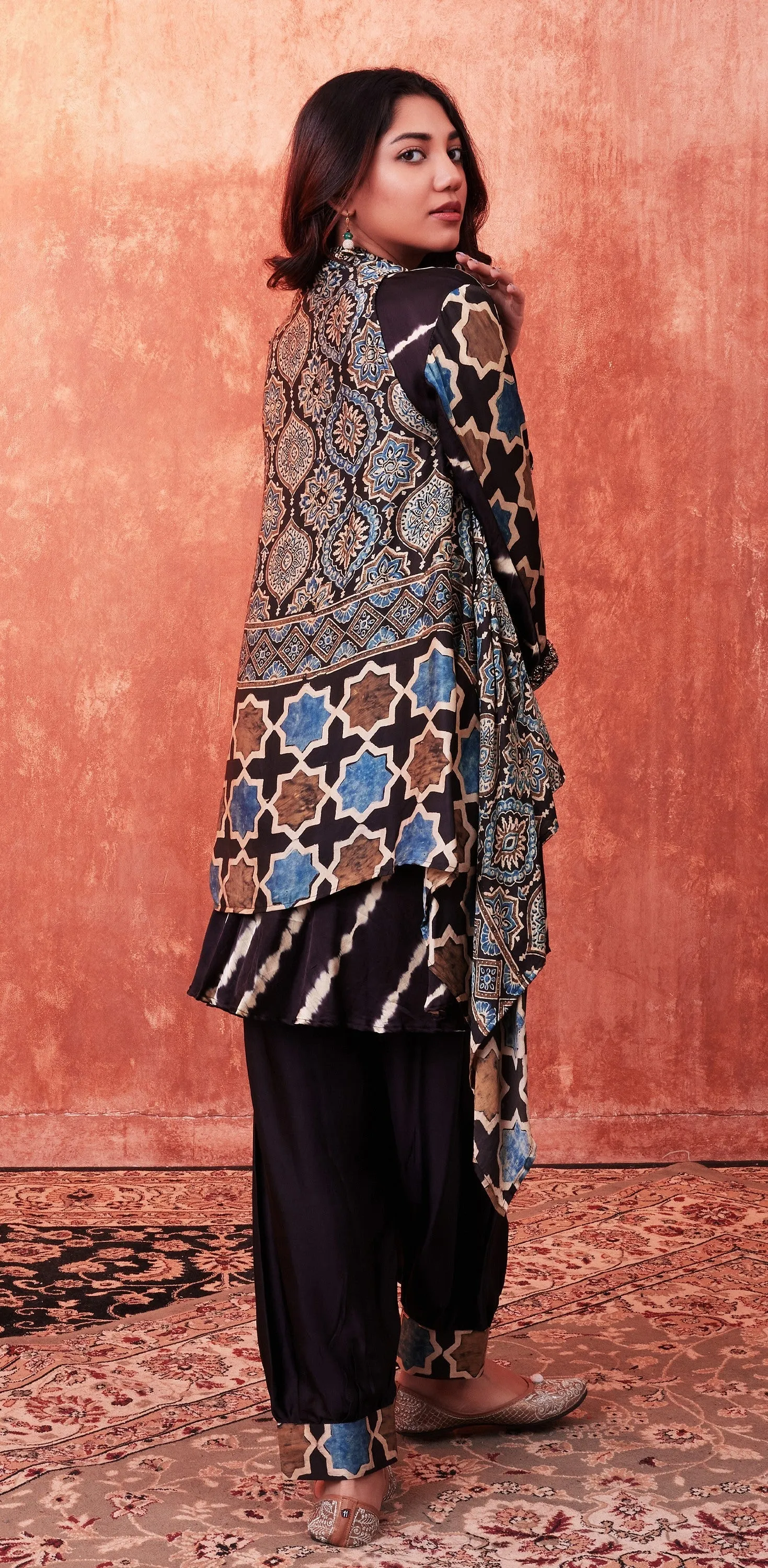 Black Multicolor Ajrakh Printed Habutai Silk Cape Suit Set