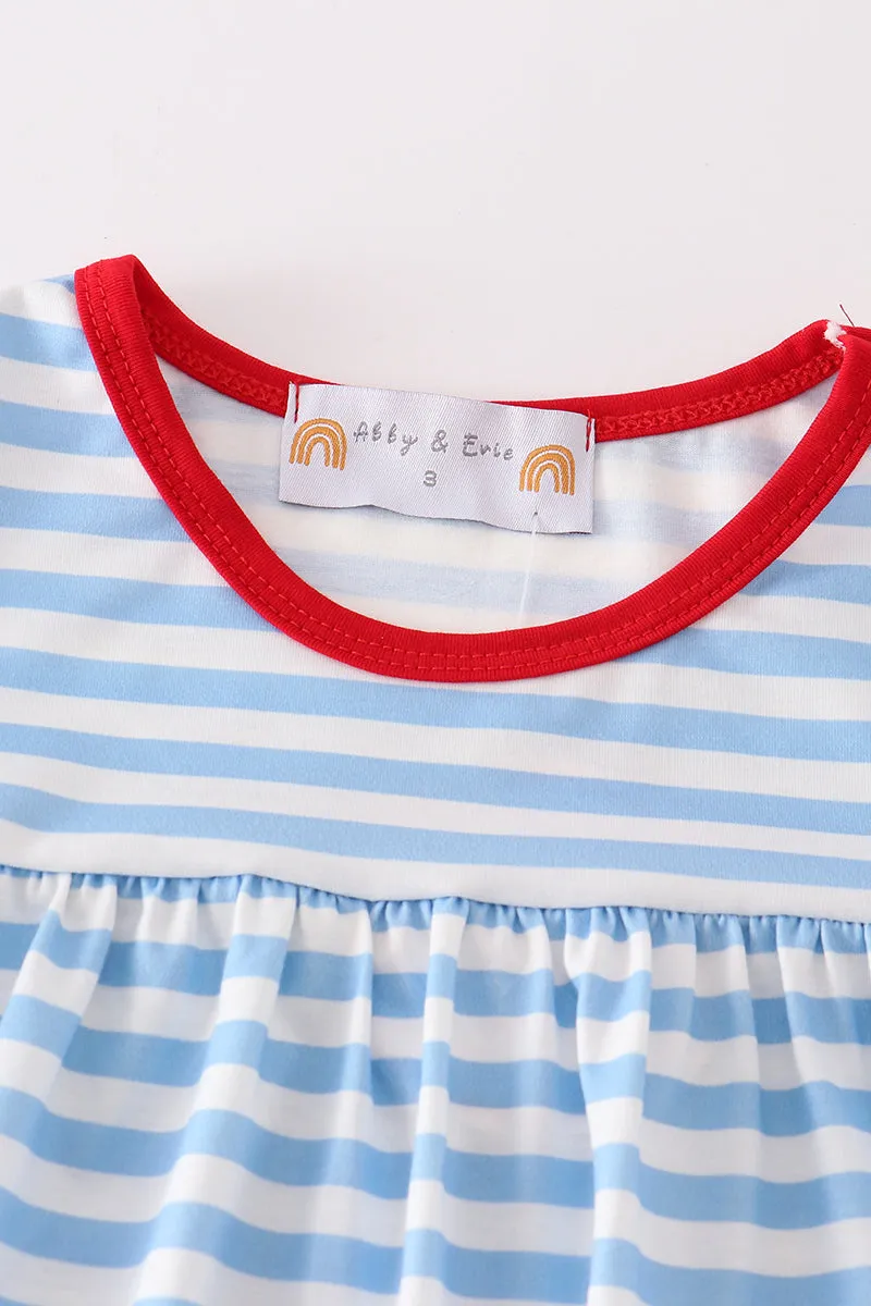 Blue stripe dog applique dress