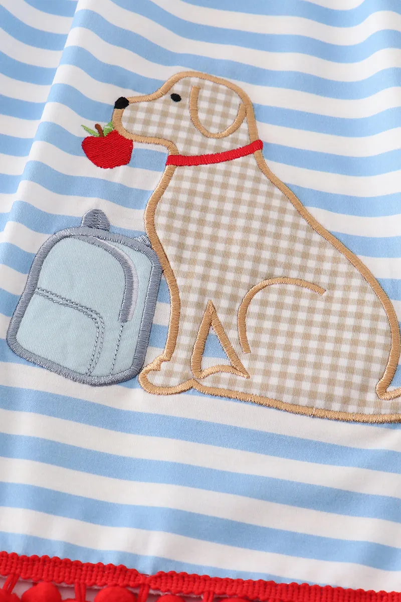 Blue stripe dog applique dress