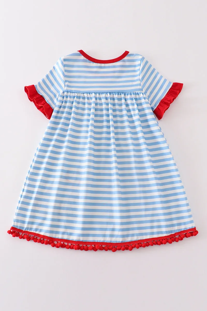 Blue stripe dog applique dress