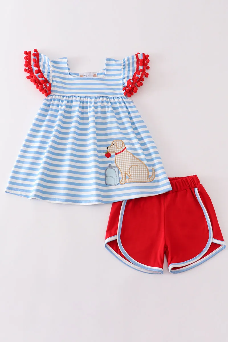 Blue stripe dog applique set