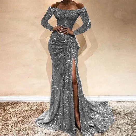 Boat Neck Sequined Gowns