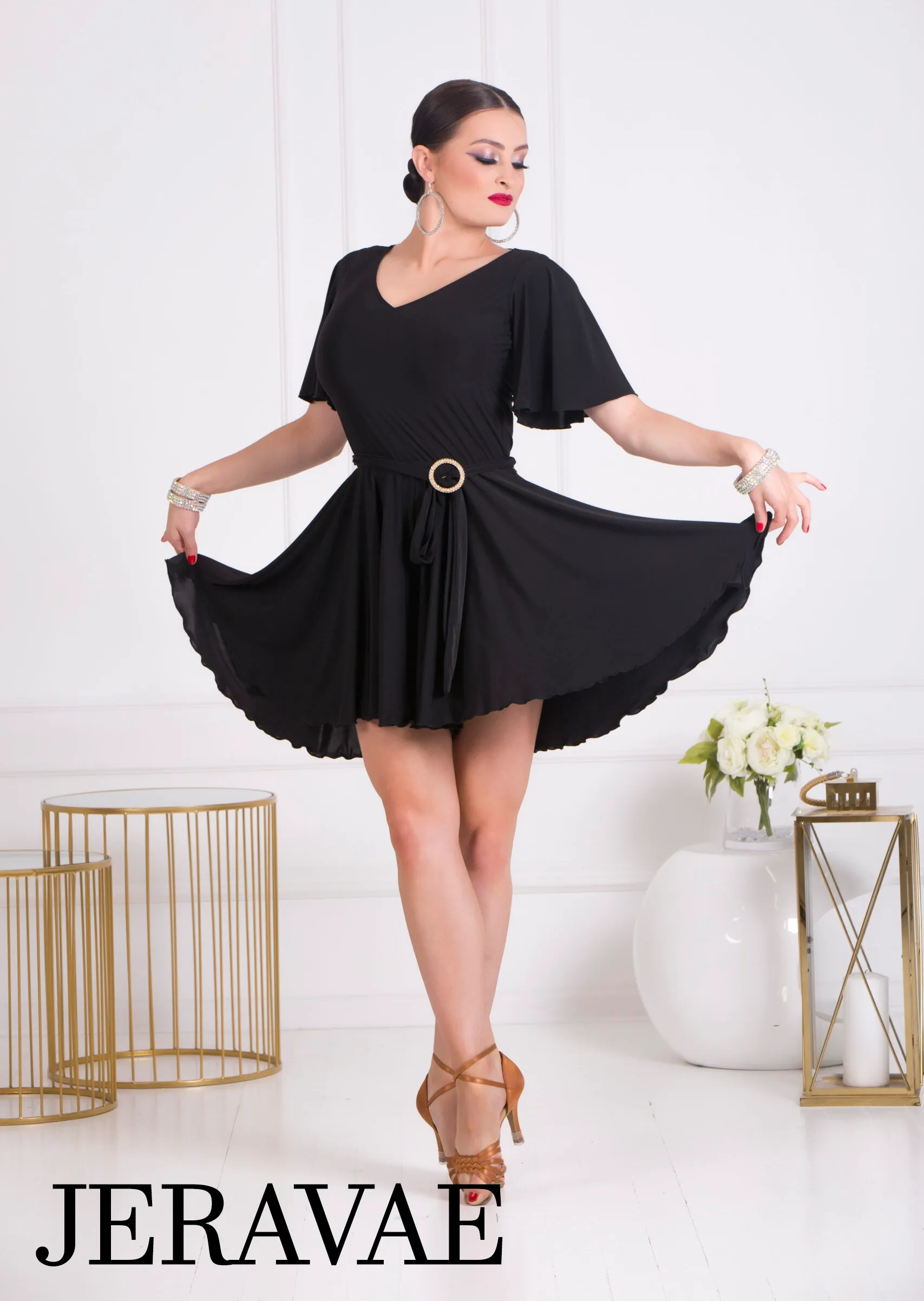 Body Positive Senga Dancewear PARA PARA Black Jumpsuit with Shorts, Belt with Decorative Buckle, and Loose Sleeves Sizes XL-4XL PRA 1070 in Stock