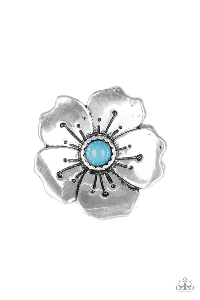 Boho Blossom Turquoise Blue Stone and Silver Flower Ring - Paparazzi Accessories