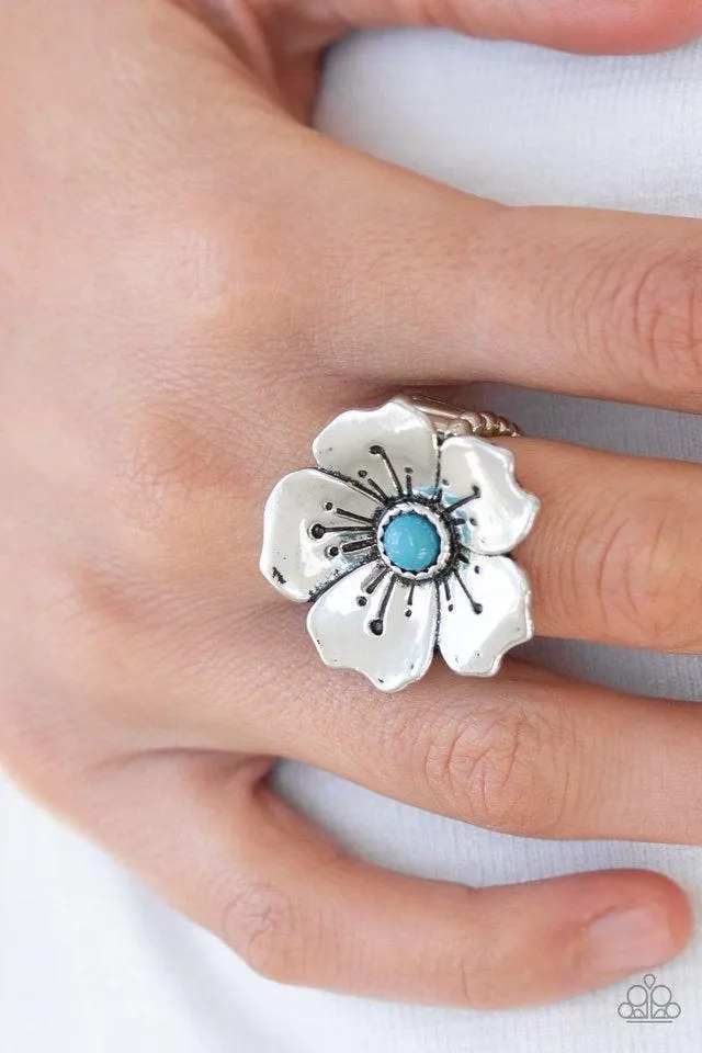 Boho Blossom Turquoise Blue Stone and Silver Flower Ring - Paparazzi Accessories