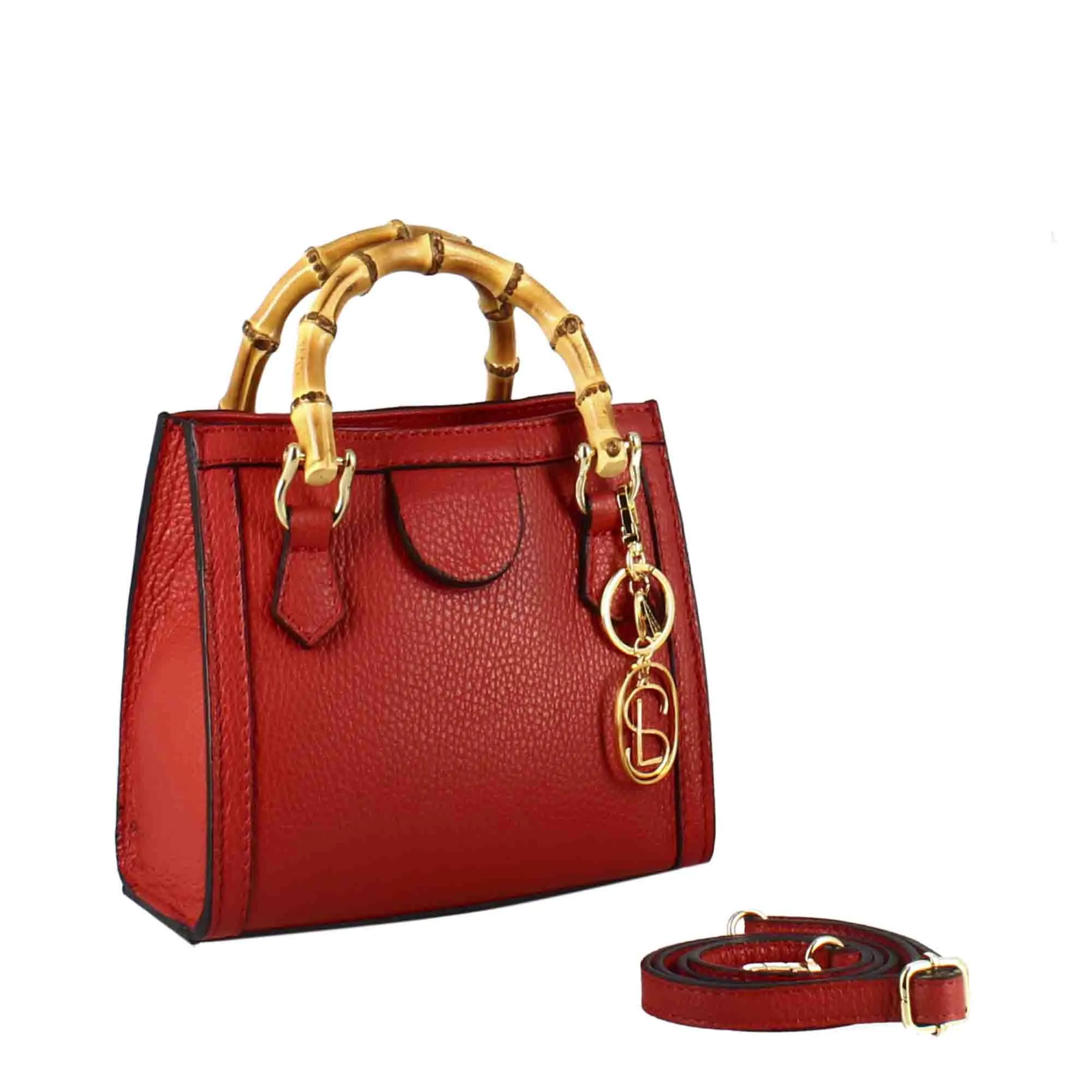 Borsa Bamboo da donna in pelle colore rosso con manici in legno e tracolla