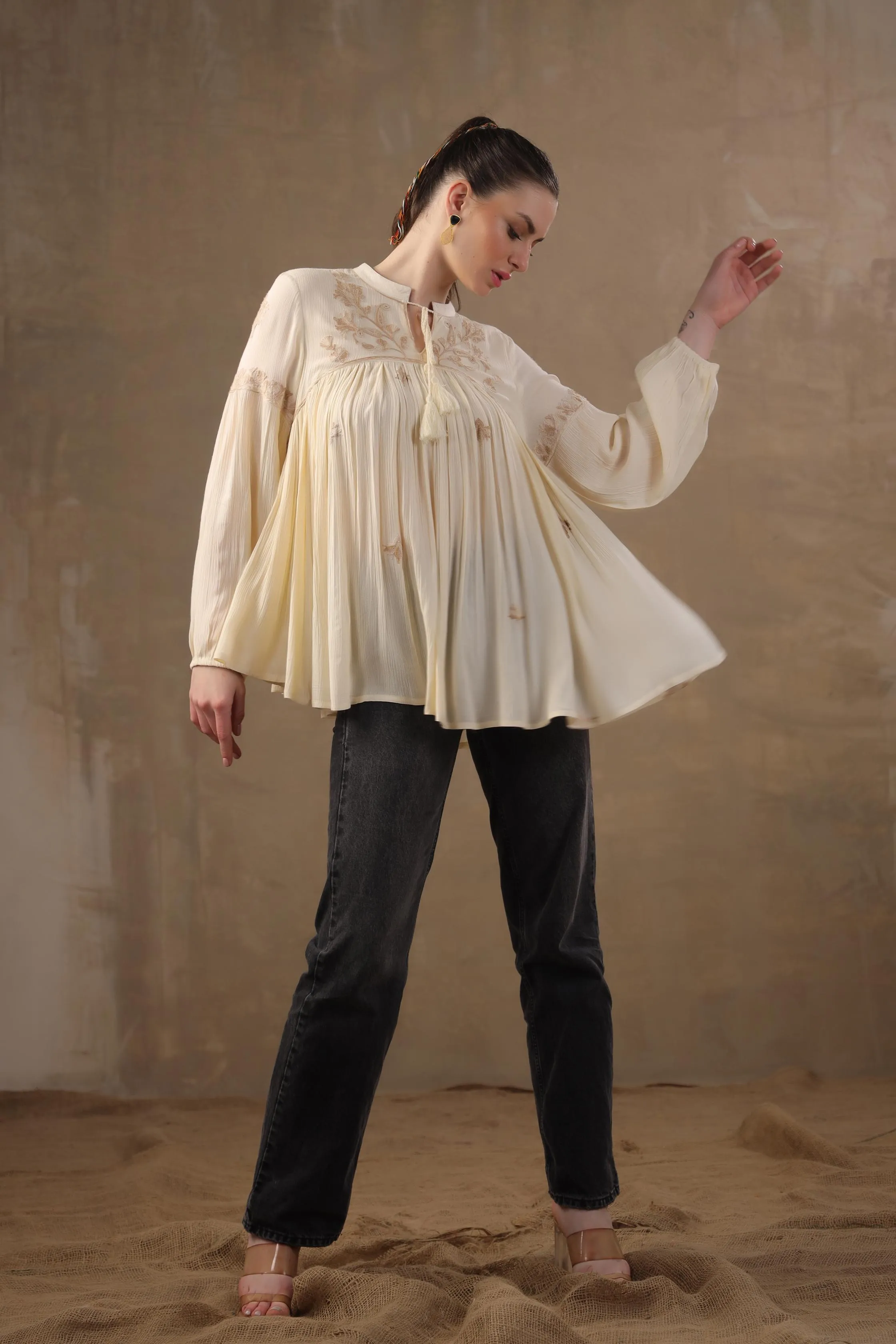 Bright Cream Floral Embroidered Italian Linen Tunic