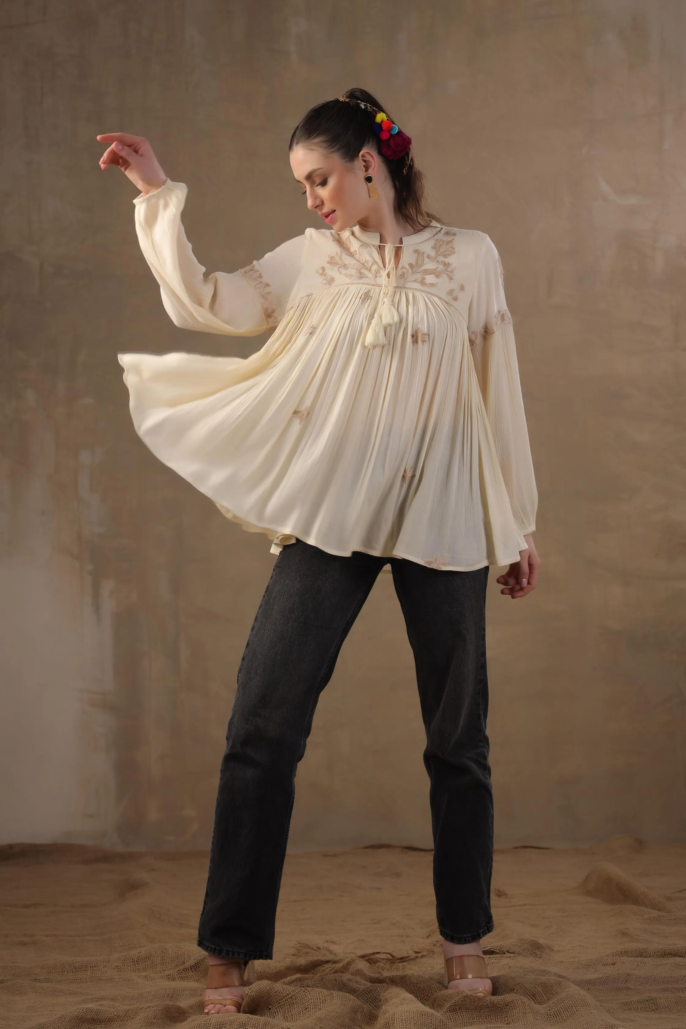 Bright Cream Floral Embroidered Italian Linen Tunic