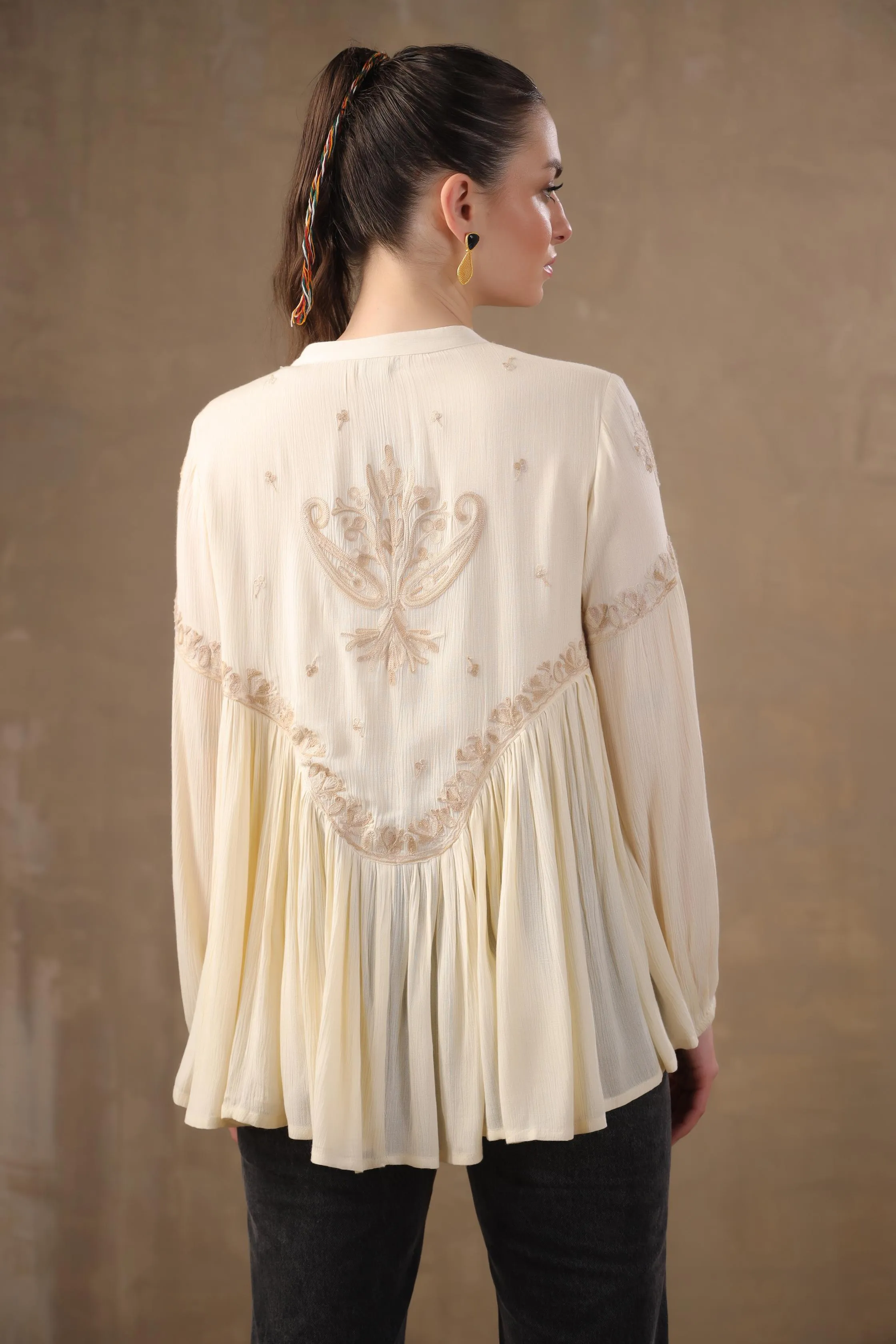 Bright Cream Floral Embroidered Italian Linen Tunic