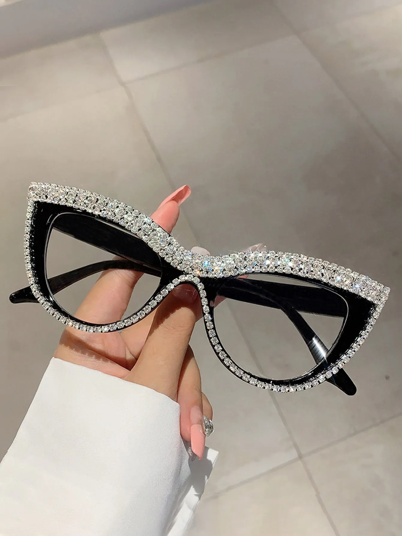 Cat Eye Clear Glasses With Rhinestone Studded Frame