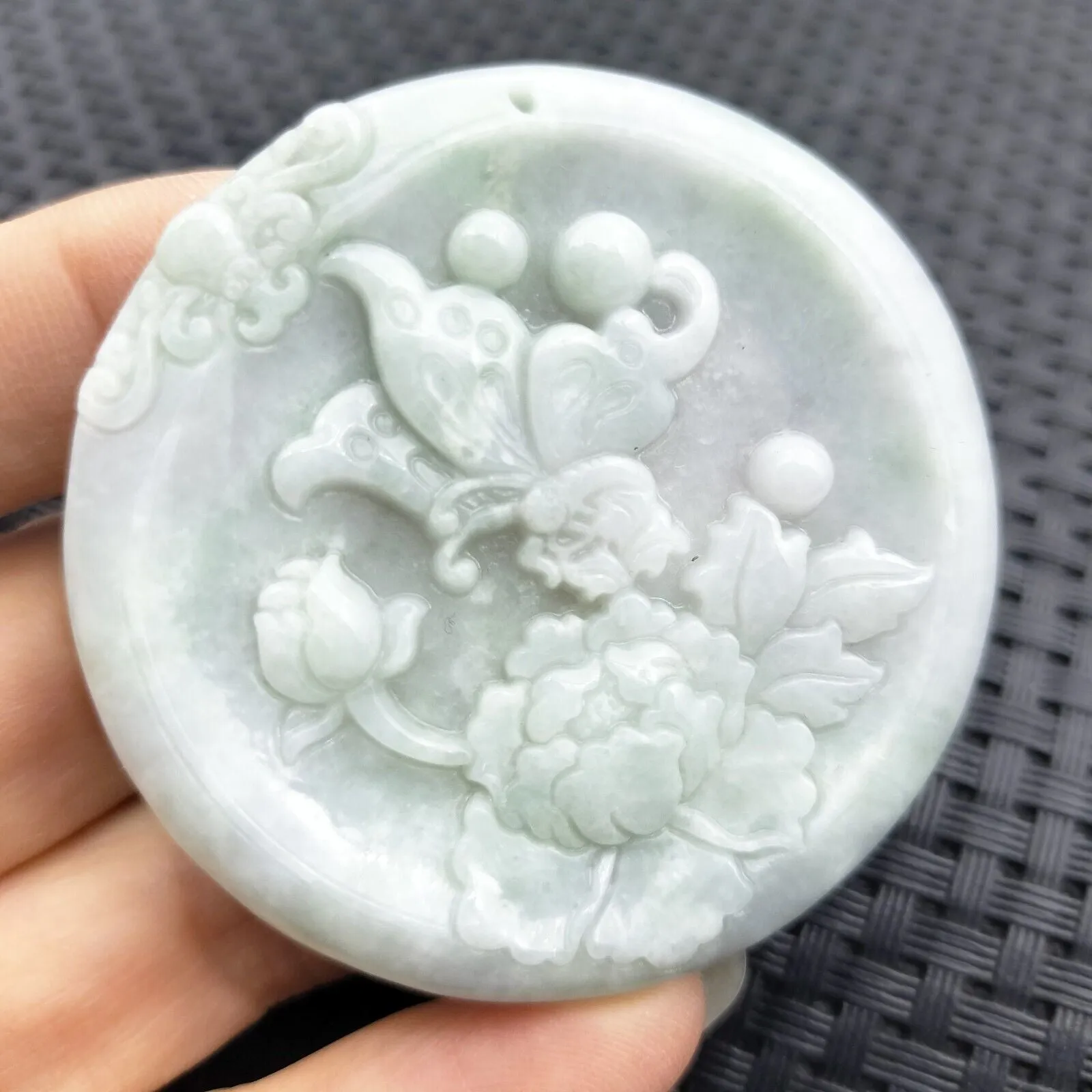 Certified Lavender Natural Type A Jade Jadeite Carved Butterfly with a Peony Flower Pendant #8-1226