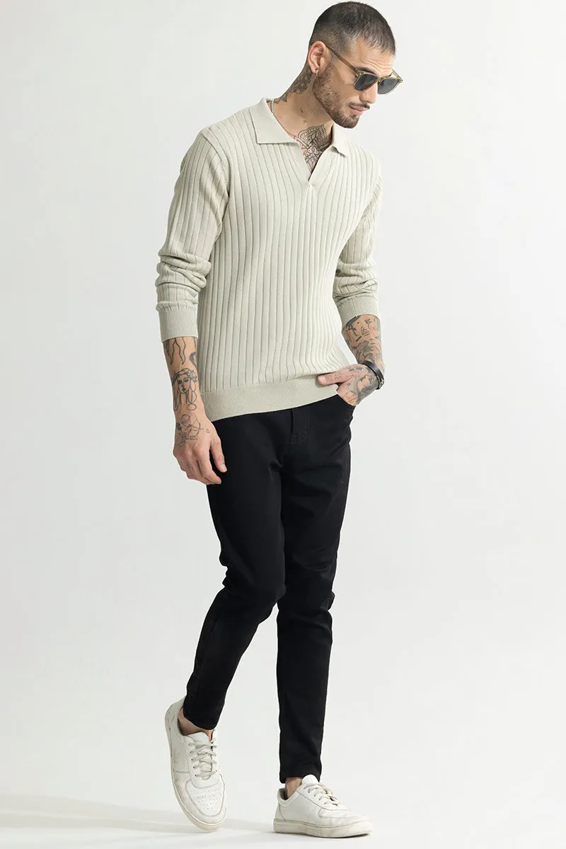 Chunky Ribbed Knitted Cream Polo T-Shirt