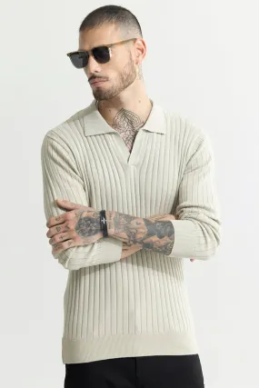 Chunky Ribbed Knitted Cream Polo T-Shirt