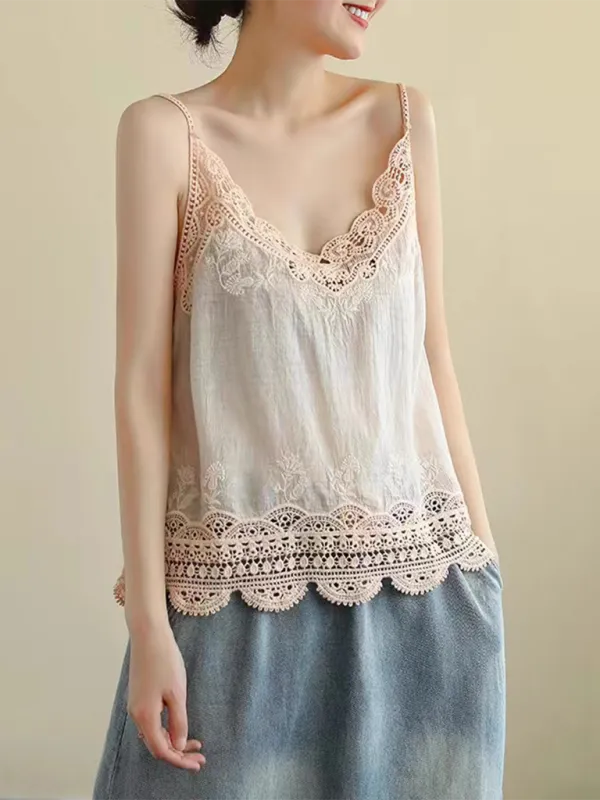 Cotton and Linen Vest Women's Retro Outerwear Suspenders Embroidered Lace Hollow Top