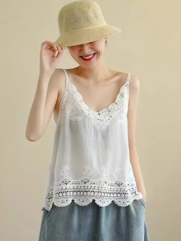 Cotton and Linen Vest Women's Retro Outerwear Suspenders Embroidered Lace Hollow Top