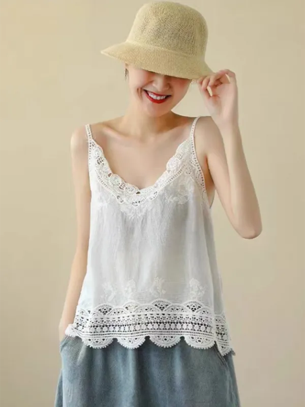 Cotton and Linen Vest Women's Retro Outerwear Suspenders Embroidered Lace Hollow Top