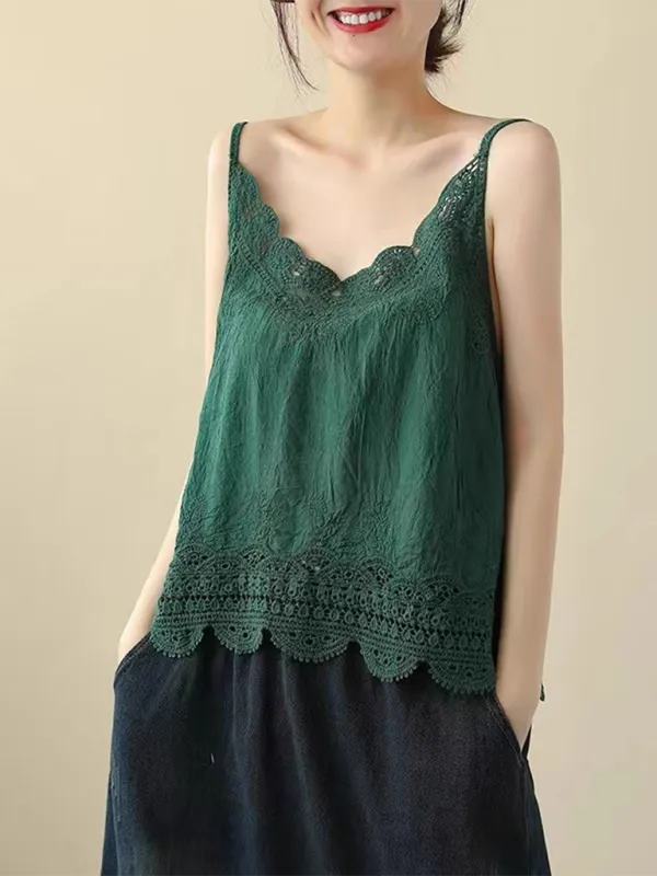 Cotton and Linen Vest Women's Retro Outerwear Suspenders Embroidered Lace Hollow Top