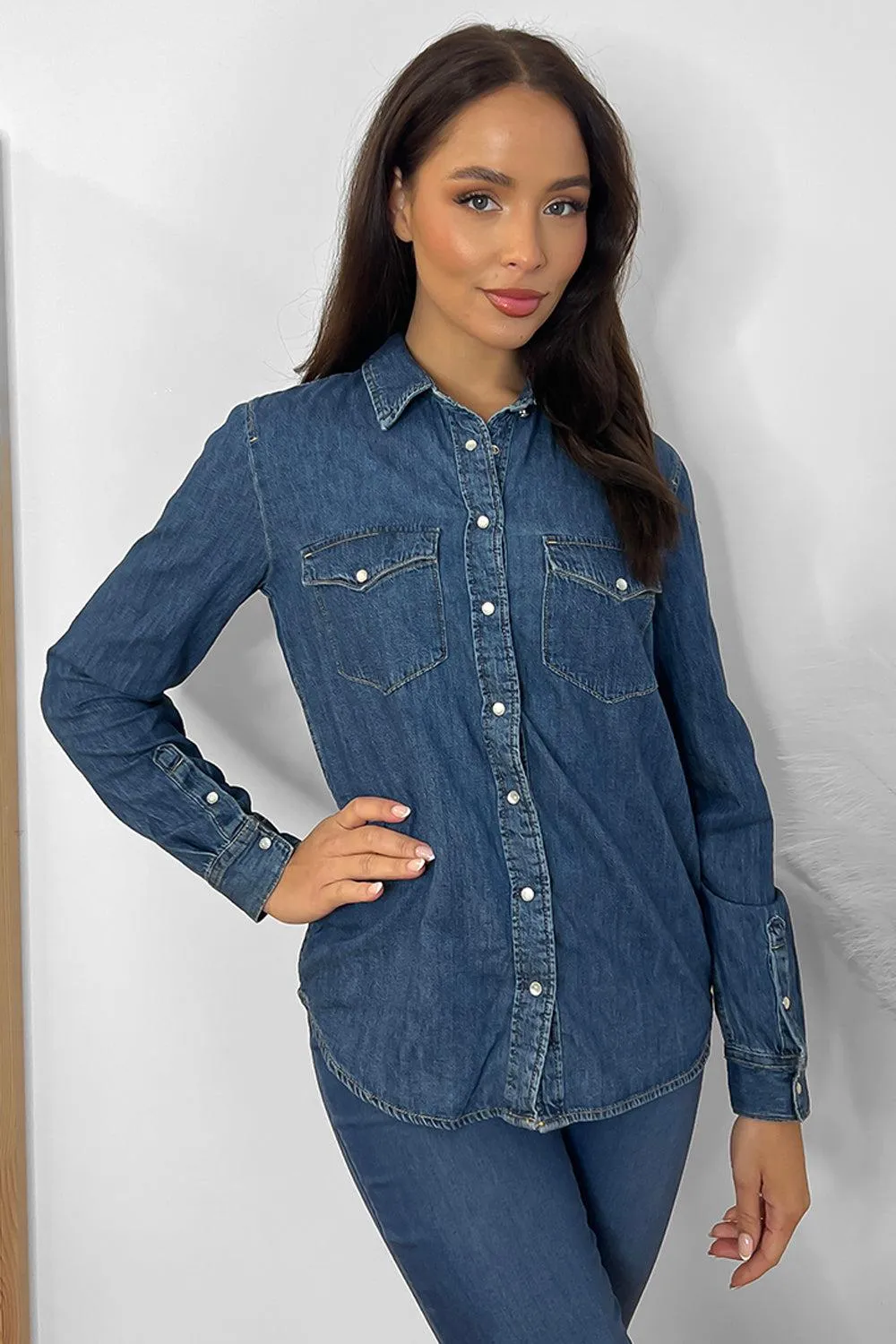 Curved Hem Pearl Buttons Denim Shirt