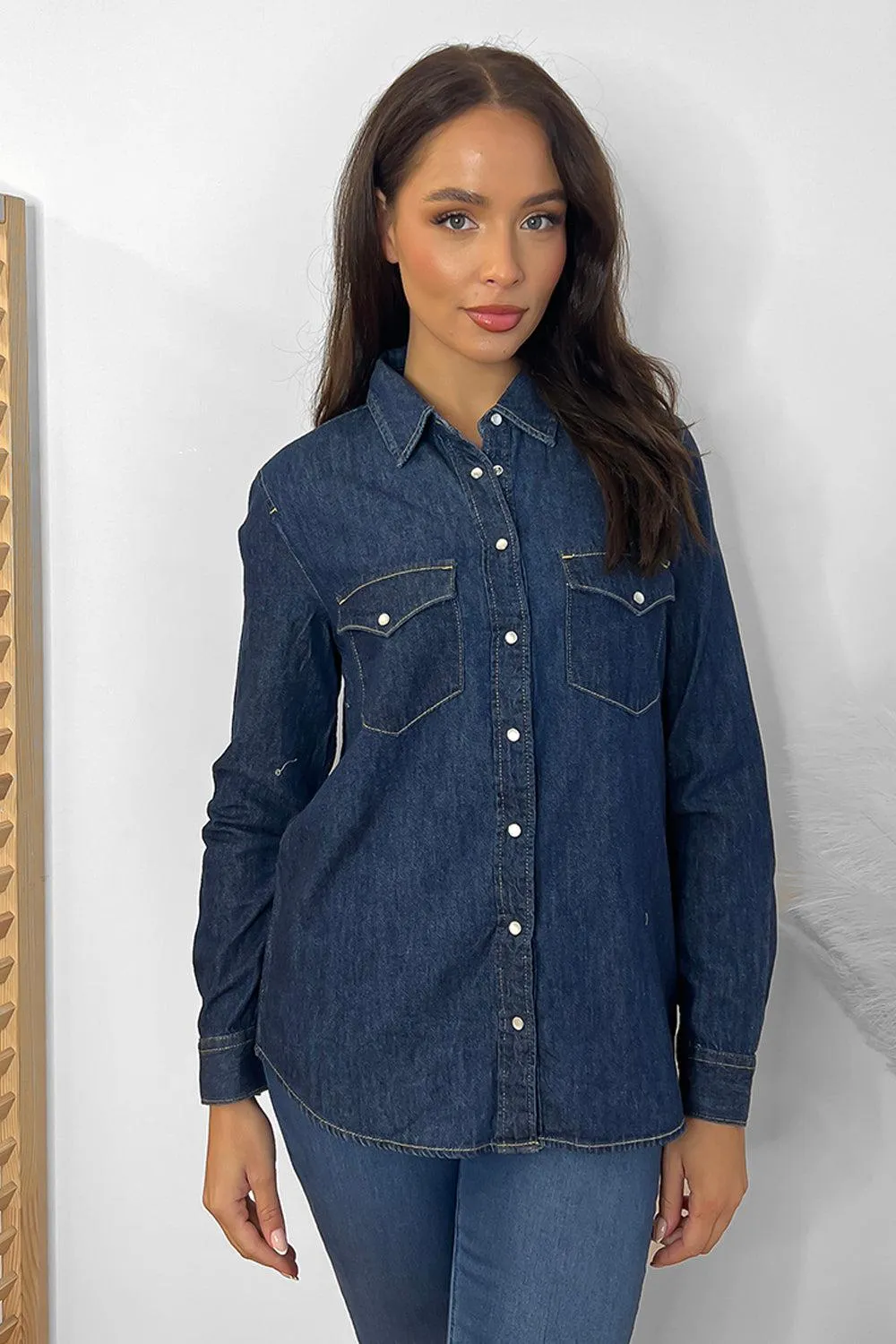 Curved Hem Pearl Buttons Denim Shirt