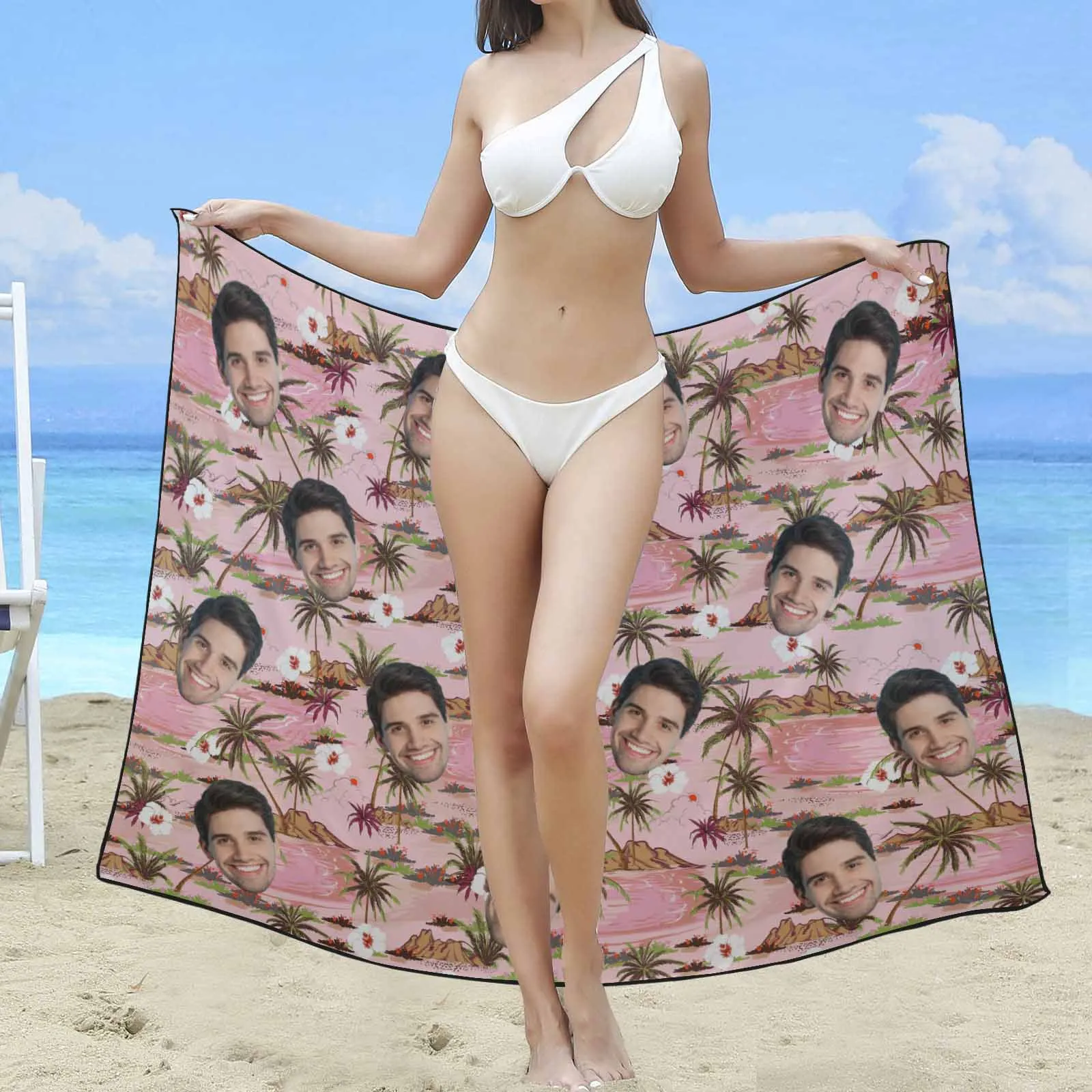 Custom Face Pink Long Sarongs Beach Wrap Personalized Bikini Cover Up