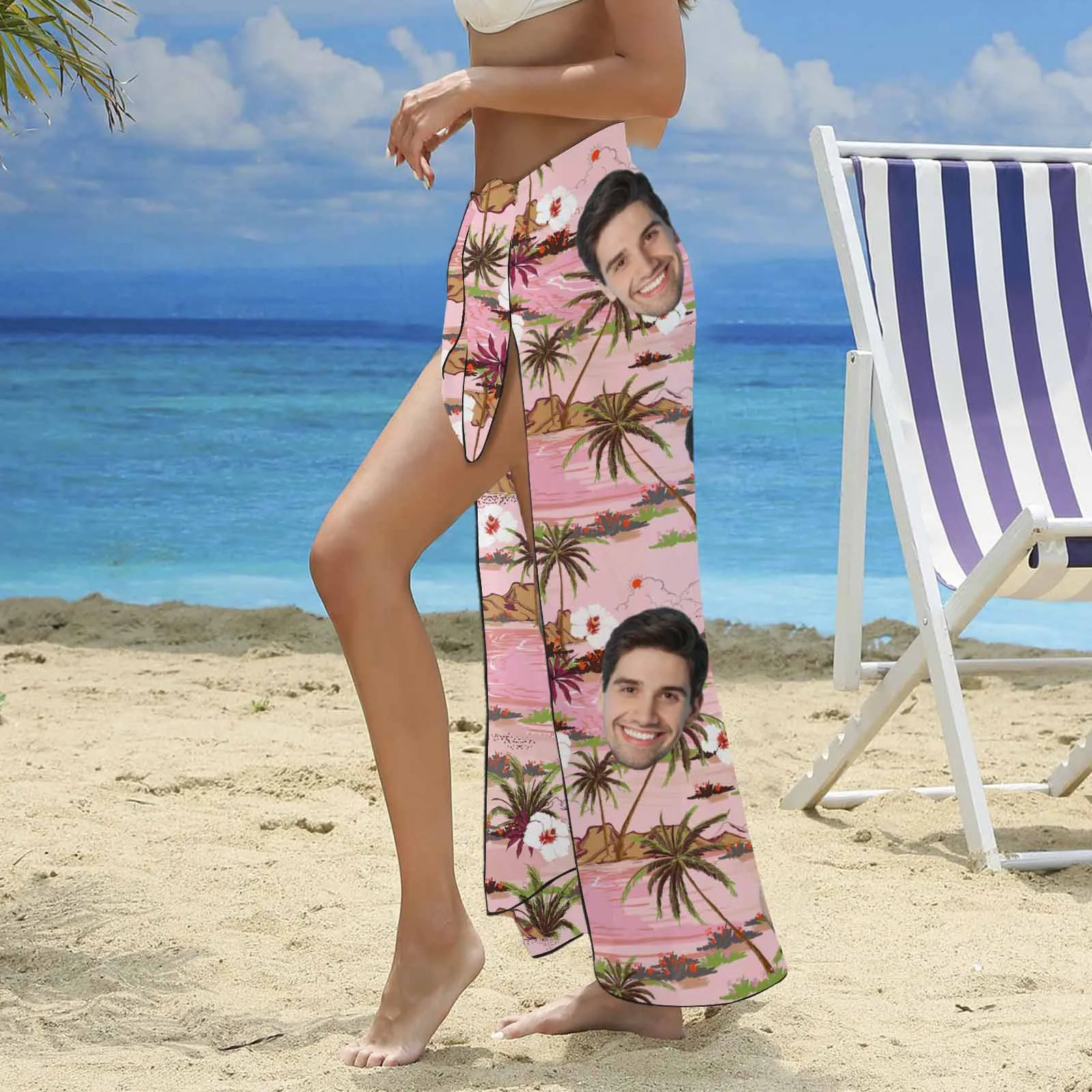 Custom Face Pink Long Sarongs Beach Wrap Personalized Bikini Cover Up