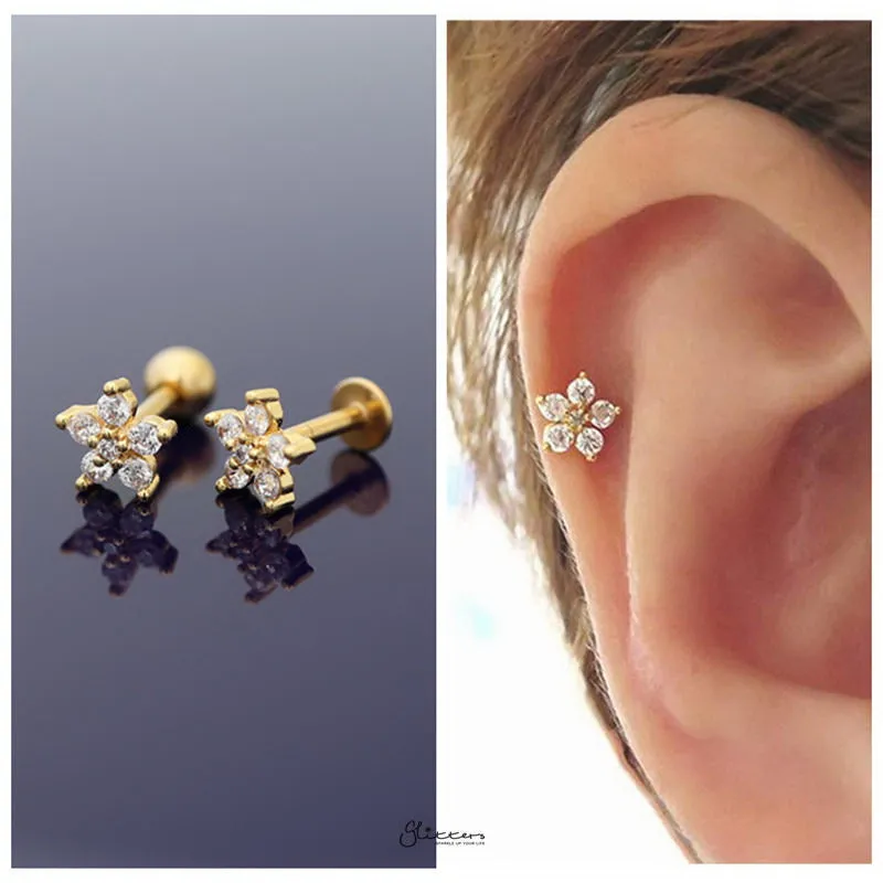 CZ Flower Cartilage Tragus Piercing Earring - Gold