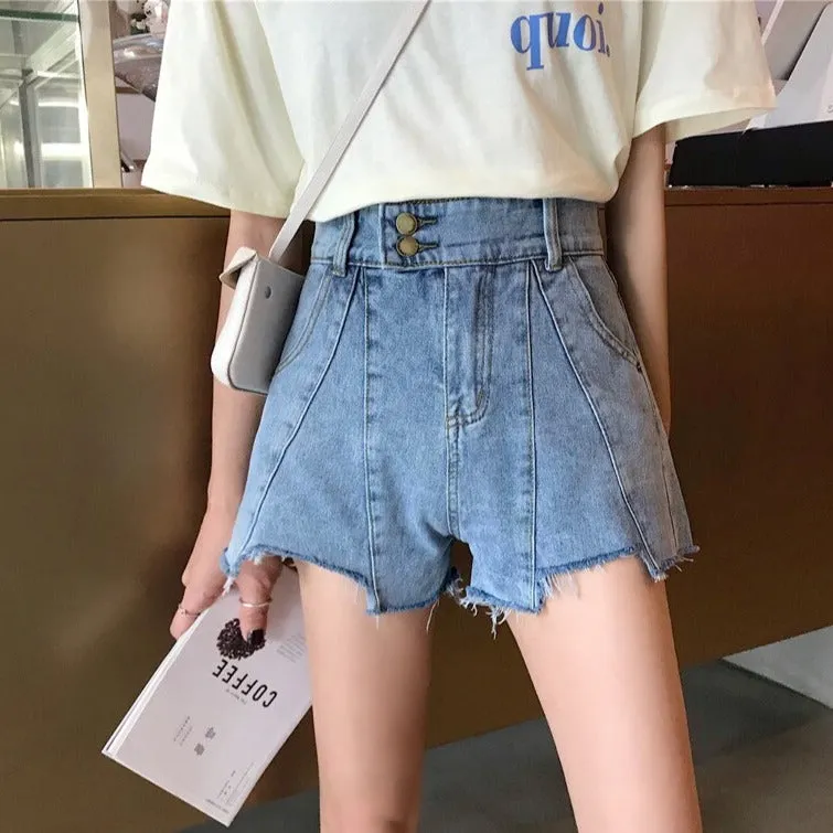 Denim Shorts With Ripped Asymmetrical Hem