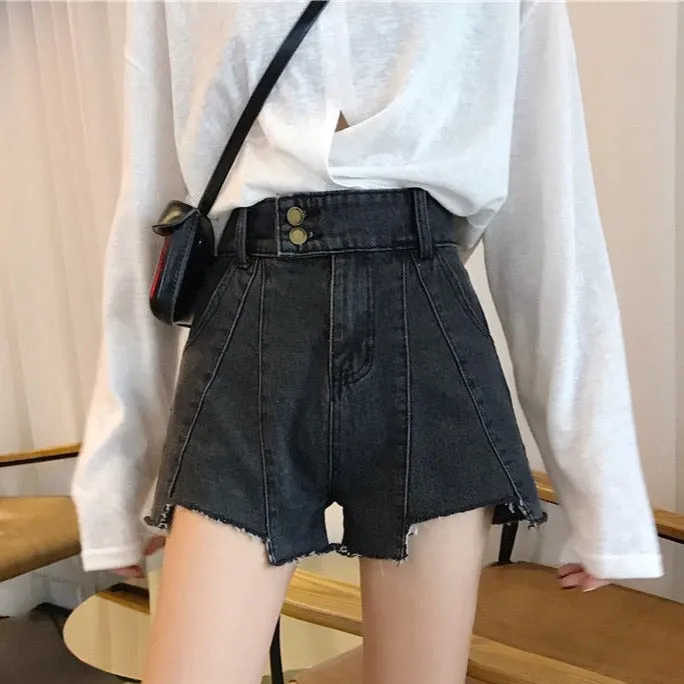 Denim Shorts With Ripped Asymmetrical Hem