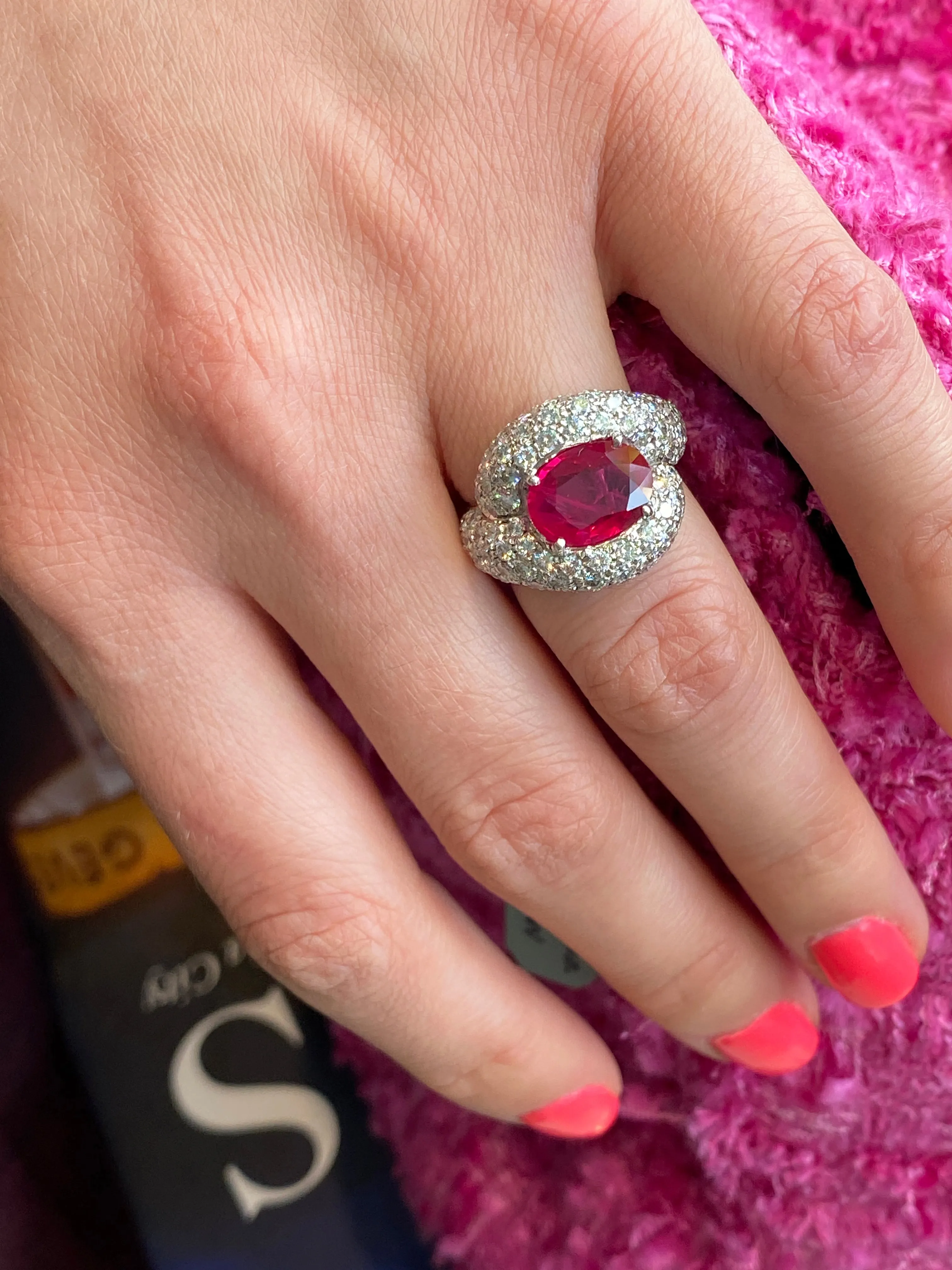 Eclat Jewels - One of Kind Estate Ring with Burma Ruby and Diamonds, 18k White Gold