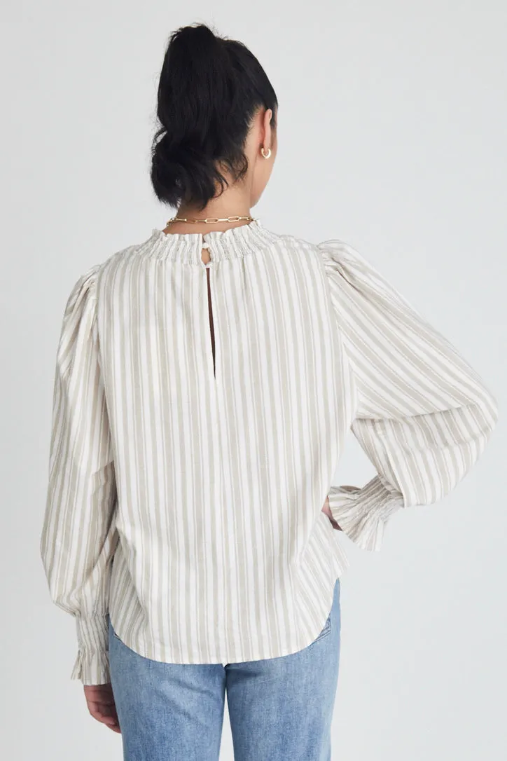 Emphatic Tan Stripe Shirred Neck Ls Top