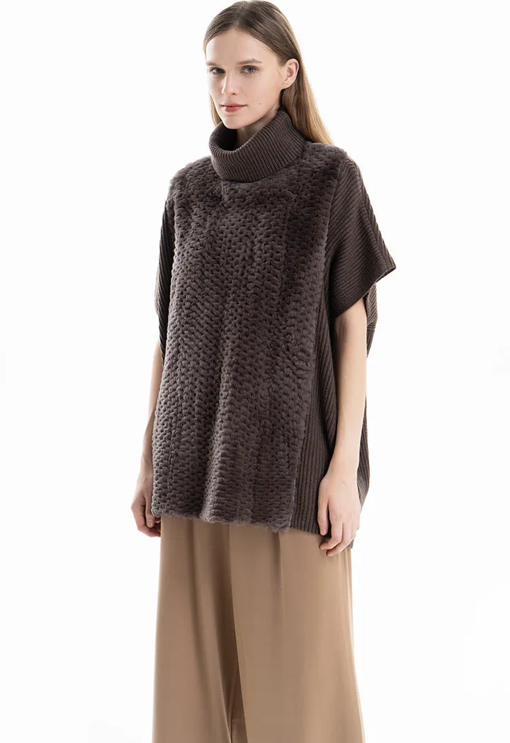 Faux Fur Hem Slip On Knitted Poncho