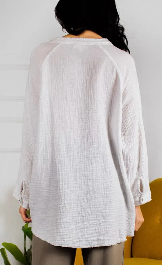 Gauze Button Down Tunic w/Raw Edge- Off White