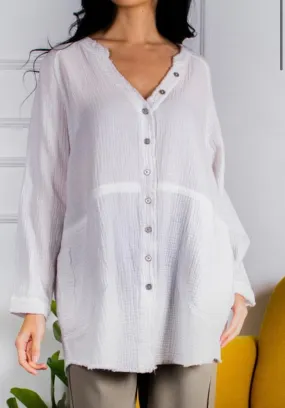 Gauze Button Down Tunic w/Raw Edge- Off White