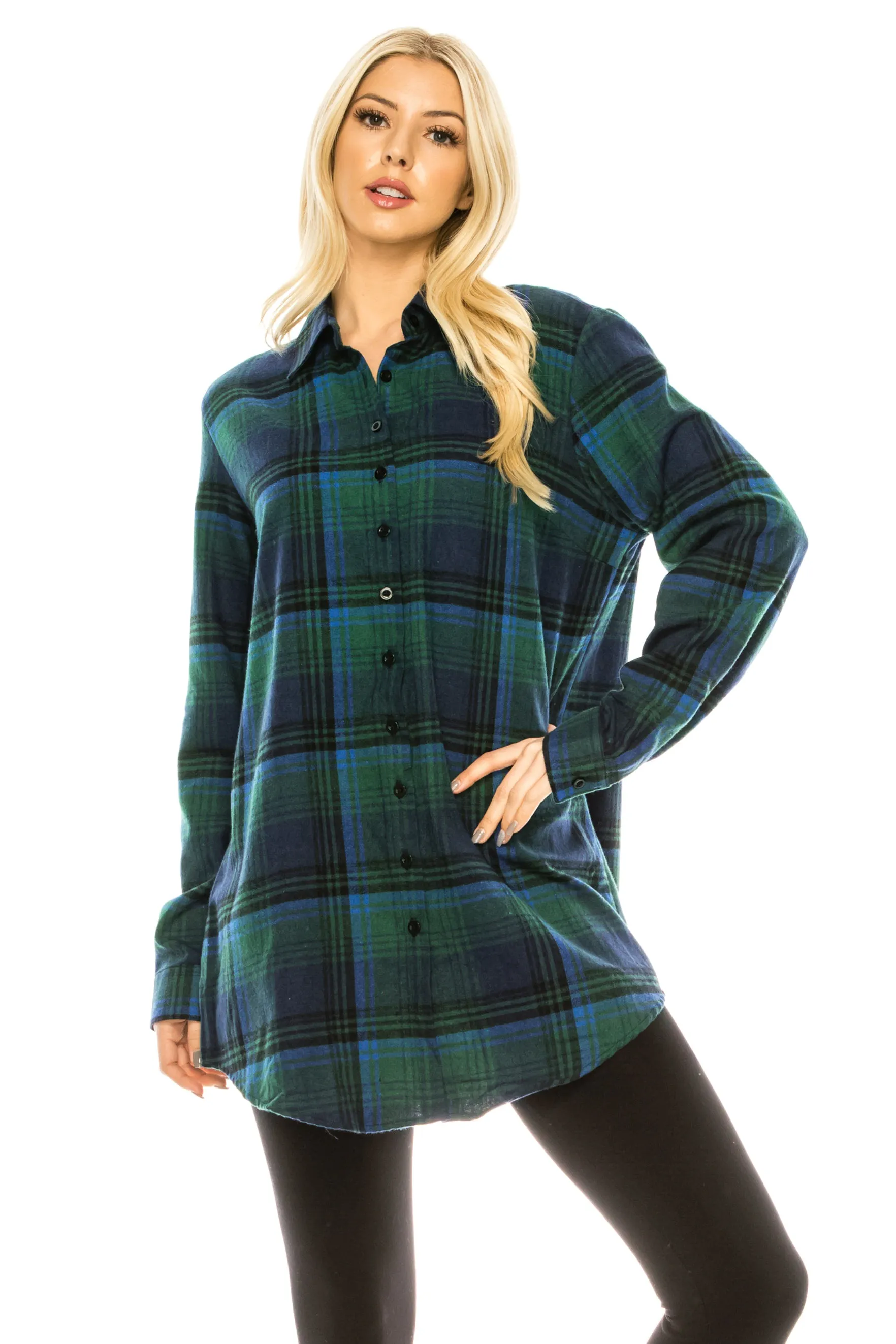 Haute Edition Women's Long Button Down Flannel Tunic Shirt with Plus