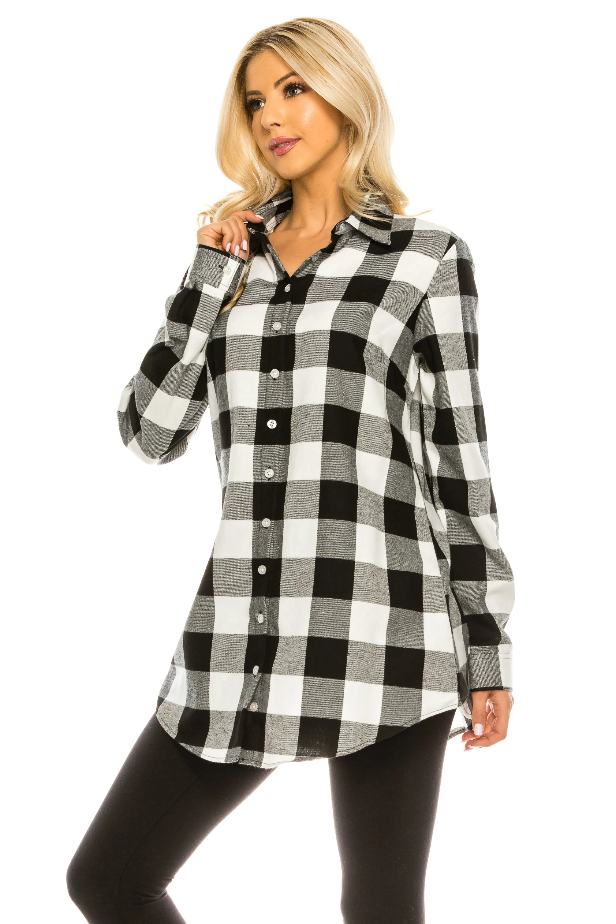 Haute Edition Women's Long Button Down Flannel Tunic Shirt with Plus