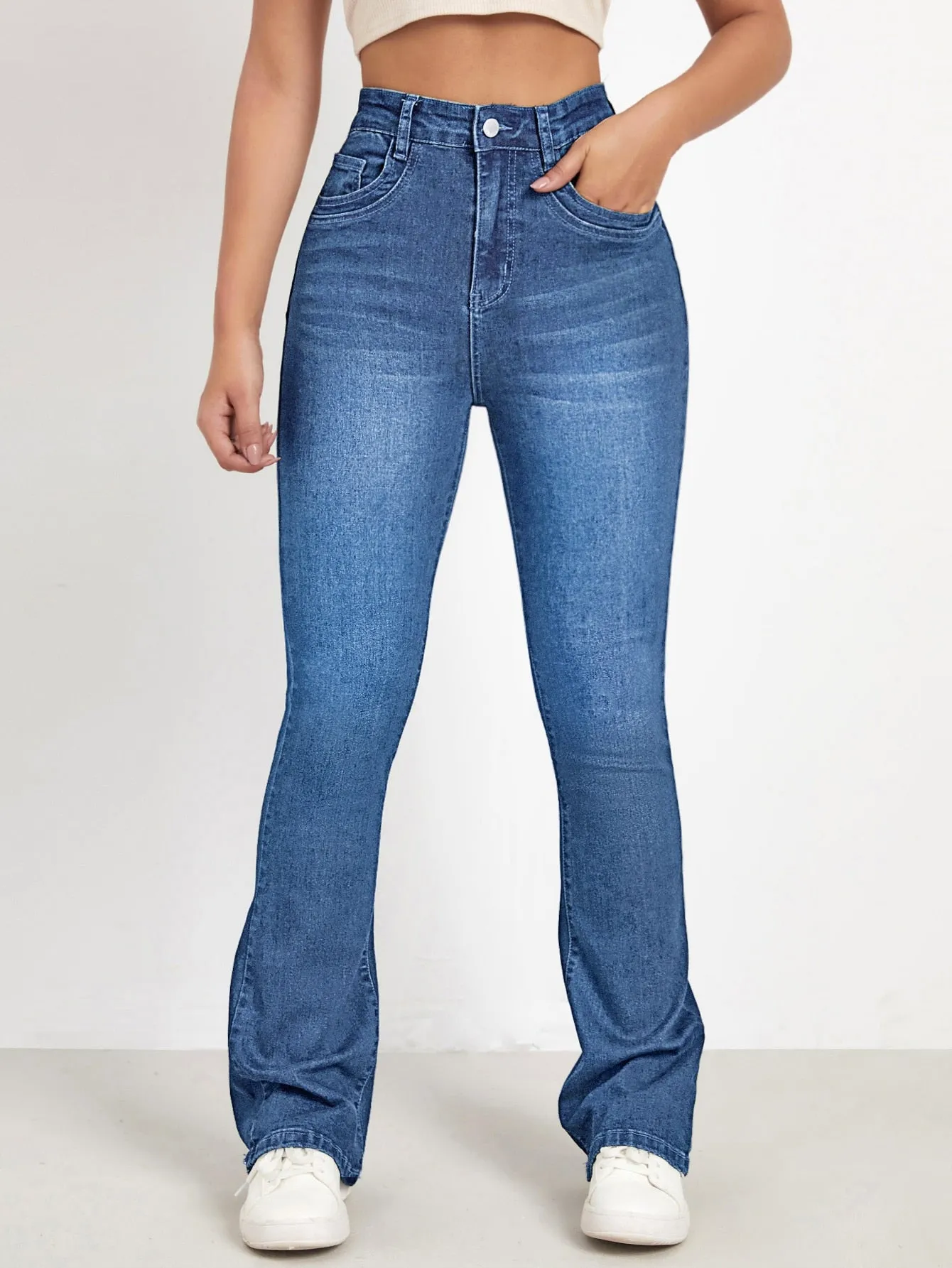 High Waist Bleach Wash Flare Leg Jeans