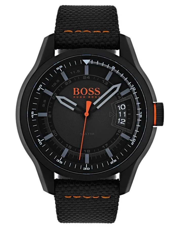 Hugo Boss Hong Kong Mens Watch - Black Dial & Case - Fabric Strap - Date - 50m